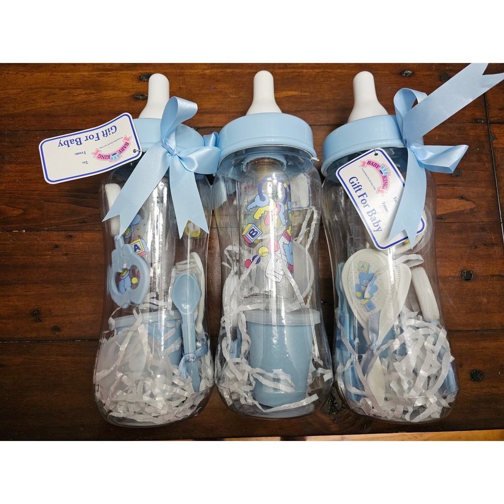 Vintage 1997 Baby King 11 Piece Bottle Bank Gift Set Blue Bear Elephant BK. 96